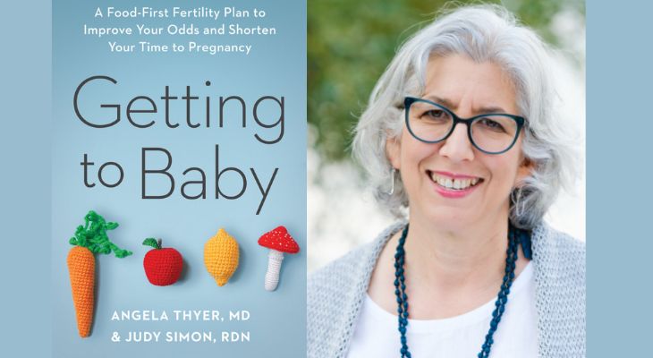 Split screen of photo of faculty member Judy Simon and a screen capture of a book cover titled Getting to Baby