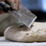 Human hands hold bench scraper while kneading bread dough