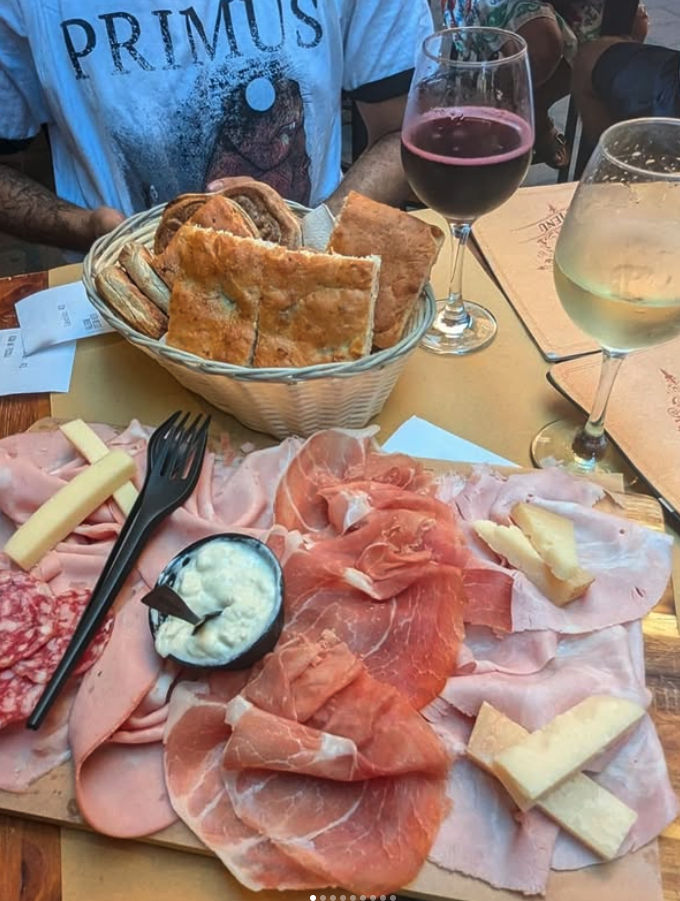 prosciutto, bread, cheese, and wine
