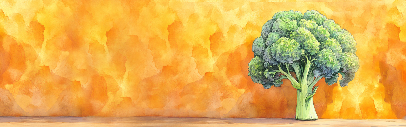 Watercolor illustration of a broccoli spear against a vibrant orange background