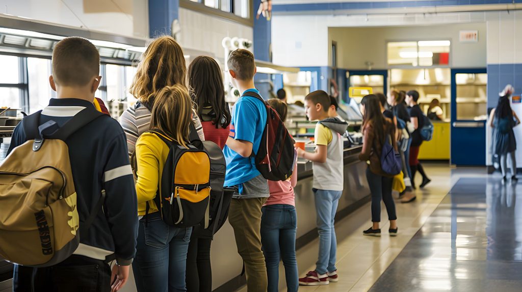 Children standing in line for school lunch, wearing backpacks