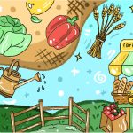 a colorful illustration depicting farmland, a farmers market stand and fruits and vegetables flying through the air
