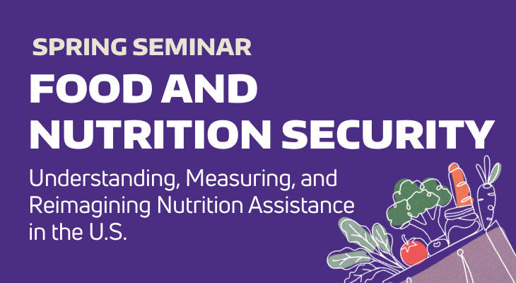 Spring Seminar - Food and Nutrition Security: Understanding, Measuring, and Reimagining Nutrition Assistance in the U.S. - Image contains an illustration of a grocery bag filled with fruits and vegetables