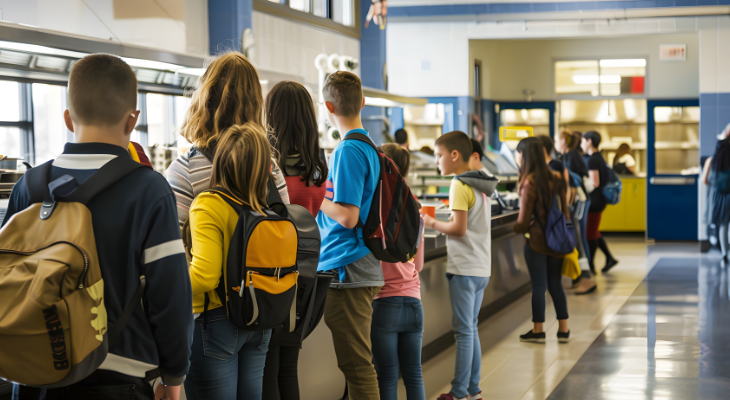School children lined up at school lunch line