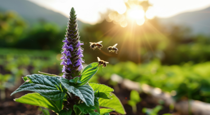 Photo of pollinator bees approaching flower in field with sun setting in background
